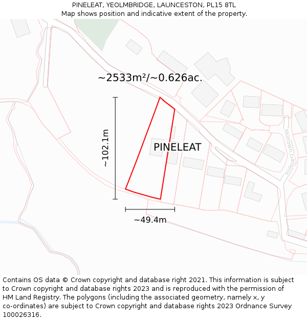 PINELEAT, YEOLMBRIDGE, LAUNCESTON, PL15 8TL: Plot and title map