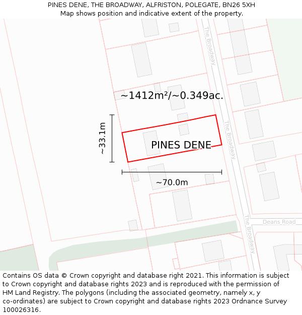 PINES DENE, THE BROADWAY, ALFRISTON, POLEGATE, BN26 5XH: Plot and title map