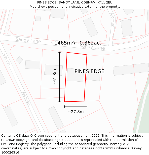 PINES EDGE, SANDY LANE, COBHAM, KT11 2EU: Plot and title map