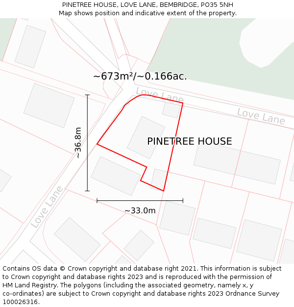 PINETREE HOUSE, LOVE LANE, BEMBRIDGE, PO35 5NH: Plot and title map