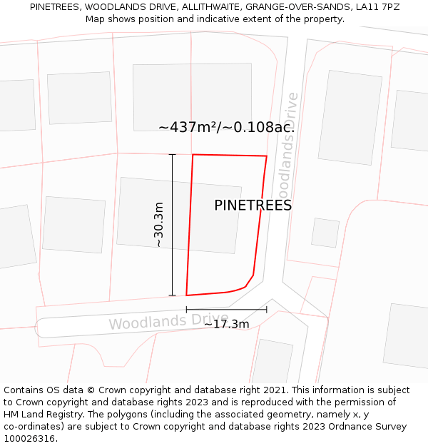 PINETREES, WOODLANDS DRIVE, ALLITHWAITE, GRANGE-OVER-SANDS, LA11 7PZ: Plot and title map