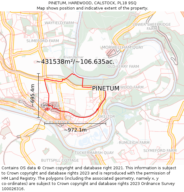 PINETUM, HAREWOOD, CALSTOCK, PL18 9SQ: Plot and title map