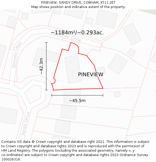 PINEVIEW, SANDY DRIVE, COBHAM, KT11 2ET: Plot and title map