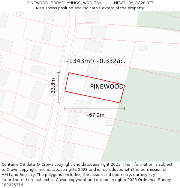 PINEWOOD, BROADLAYINGS, WOOLTON HILL, NEWBURY, RG20 9TT: Plot and title map