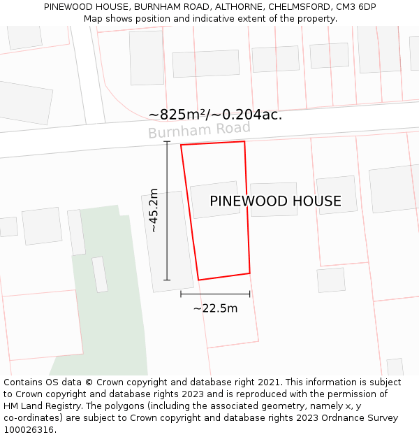 PINEWOOD HOUSE, BURNHAM ROAD, ALTHORNE, CHELMSFORD, CM3 6DP: Plot and title map