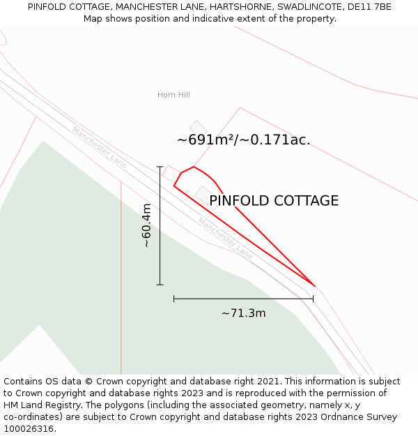 PINFOLD COTTAGE, MANCHESTER LANE, HARTSHORNE, SWADLINCOTE, DE11 7BE: Plot and title map