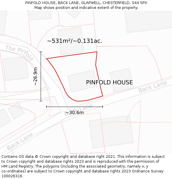 PINFOLD HOUSE, BACK LANE, GLAPWELL, CHESTERFIELD, S44 5PX: Plot and title map