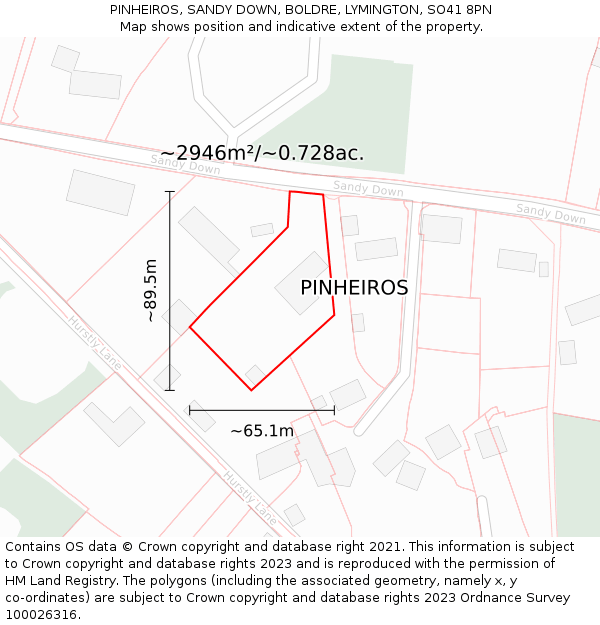 PINHEIROS, SANDY DOWN, BOLDRE, LYMINGTON, SO41 8PN: Plot and title map