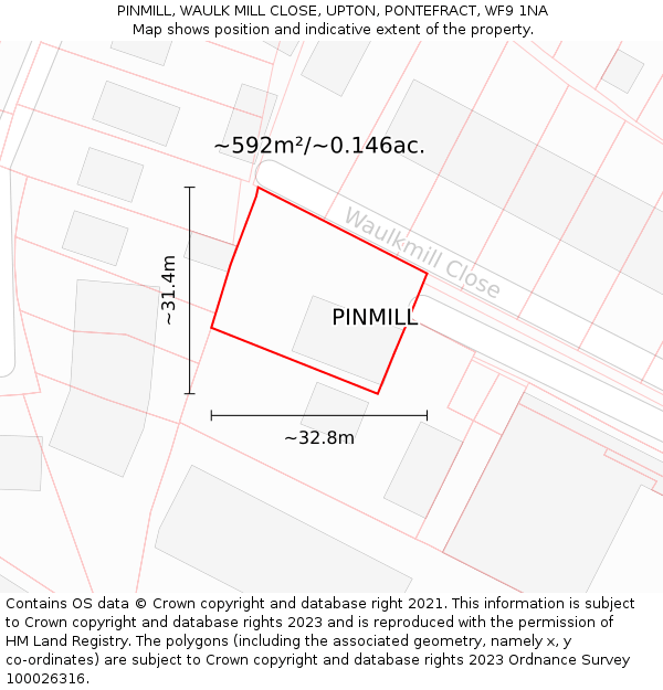 PINMILL, WAULK MILL CLOSE, UPTON, PONTEFRACT, WF9 1NA: Plot and title map