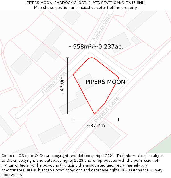 PIPERS MOON, PADDOCK CLOSE, PLATT, SEVENOAKS, TN15 8NN: Plot and title map