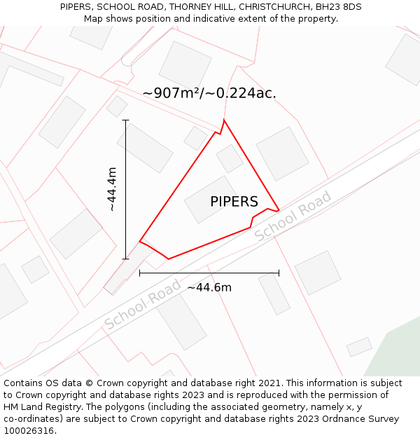 PIPERS, SCHOOL ROAD, THORNEY HILL, CHRISTCHURCH, BH23 8DS: Plot and title map