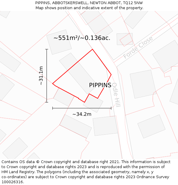 PIPPINS, ABBOTSKERSWELL, NEWTON ABBOT, TQ12 5NW: Plot and title map