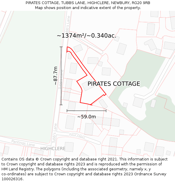 PIRATES COTTAGE, TUBBS LANE, HIGHCLERE, NEWBURY, RG20 9RB: Plot and title map