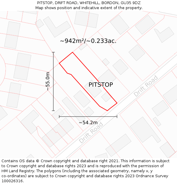 PITSTOP, DRIFT ROAD, WHITEHILL, BORDON, GU35 9DZ: Plot and title map