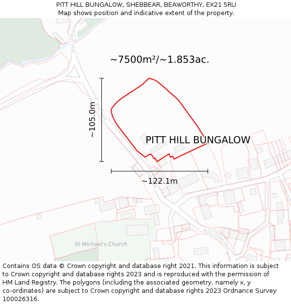 PITT HILL BUNGALOW, SHEBBEAR, BEAWORTHY, EX21 5RU: Plot and title map