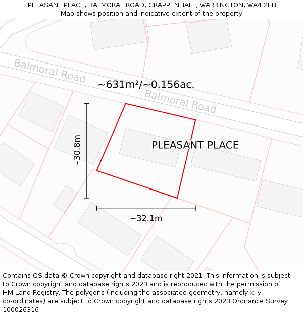 PLEASANT PLACE, BALMORAL ROAD, GRAPPENHALL, WARRINGTON, WA4 2EB: Plot and title map