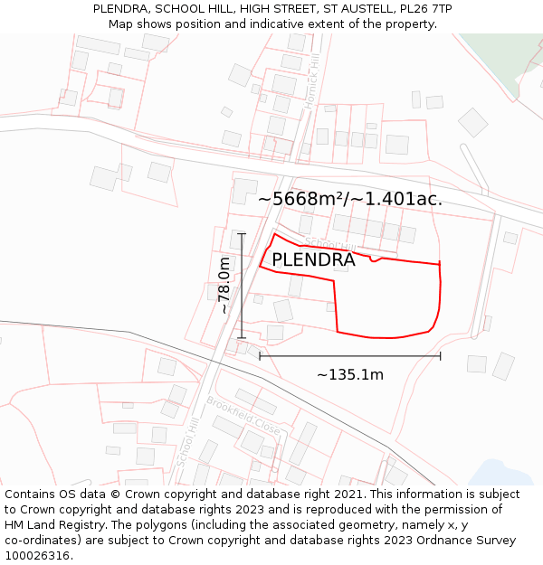 PLENDRA, SCHOOL HILL, HIGH STREET, ST AUSTELL, PL26 7TP: Plot and title map