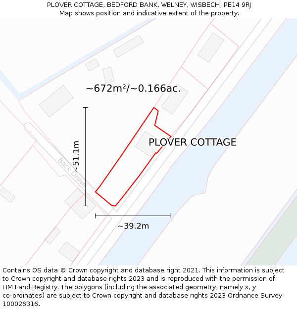 PLOVER COTTAGE, BEDFORD BANK, WELNEY, WISBECH, PE14 9RJ: Plot and title map