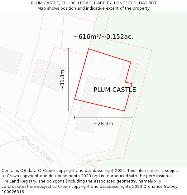 PLUM CASTLE, CHURCH ROAD, HARTLEY, LONGFIELD, DA3 8DT: Plot and title map