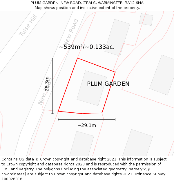 PLUM GARDEN, NEW ROAD, ZEALS, WARMINSTER, BA12 6NA: Plot and title map
