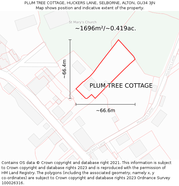 PLUM TREE COTTAGE, HUCKERS LANE, SELBORNE, ALTON, GU34 3JN: Plot and title map