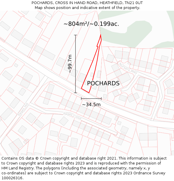 POCHARDS, CROSS IN HAND ROAD, HEATHFIELD, TN21 0UT: Plot and title map