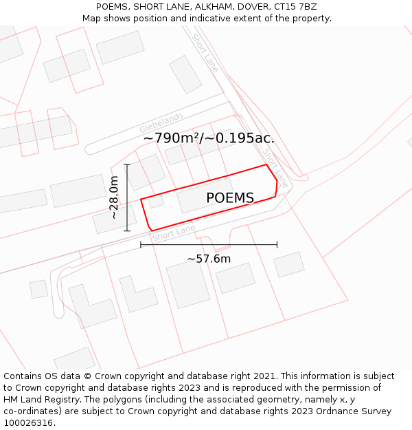 POEMS, SHORT LANE, ALKHAM, DOVER, CT15 7BZ: Plot and title map