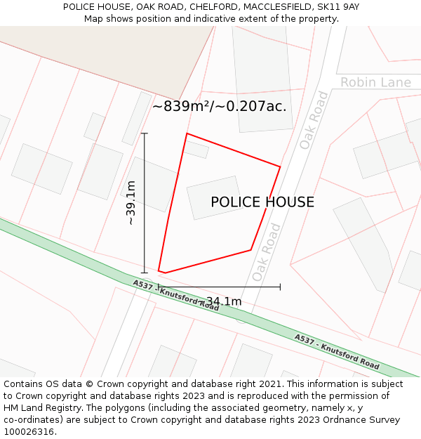 POLICE HOUSE, OAK ROAD, CHELFORD, MACCLESFIELD, SK11 9AY: Plot and title map