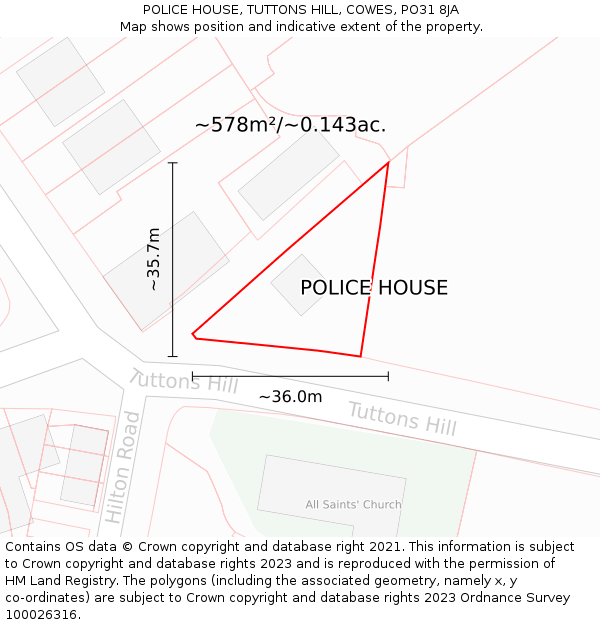 POLICE HOUSE, TUTTONS HILL, COWES, PO31 8JA: Plot and title map