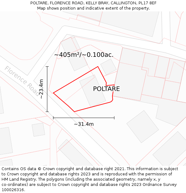 POLTARE, FLORENCE ROAD, KELLY BRAY, CALLINGTON, PL17 8EF: Plot and title map
