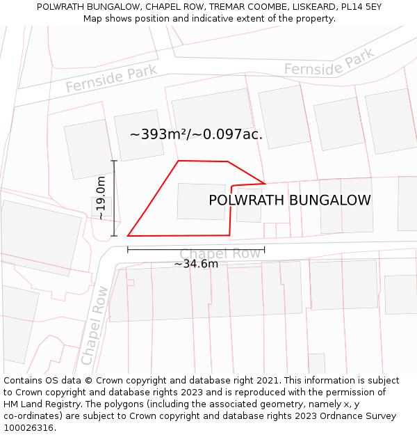 POLWRATH BUNGALOW, CHAPEL ROW, TREMAR COOMBE, LISKEARD, PL14 5EY: Plot and title map