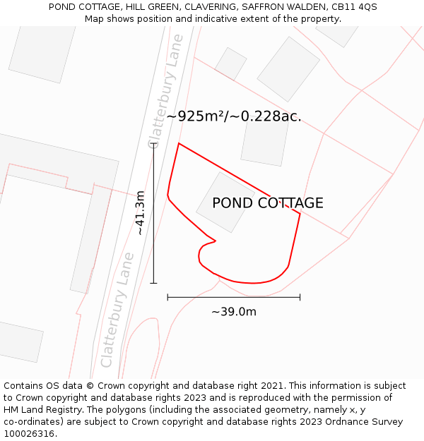 POND COTTAGE, HILL GREEN, CLAVERING, SAFFRON WALDEN, CB11 4QS: Plot and title map