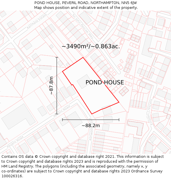 POND HOUSE, PEVERIL ROAD, NORTHAMPTON, NN5 6JW: Plot and title map