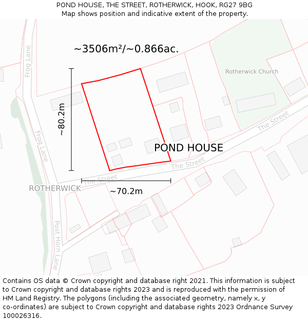 POND HOUSE, THE STREET, ROTHERWICK, HOOK, RG27 9BG: Plot and title map