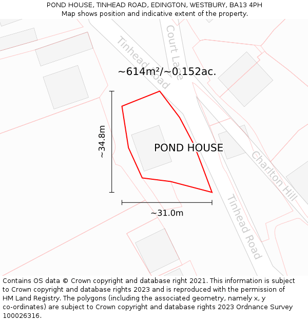 POND HOUSE, TINHEAD ROAD, EDINGTON, WESTBURY, BA13 4PH: Plot and title map