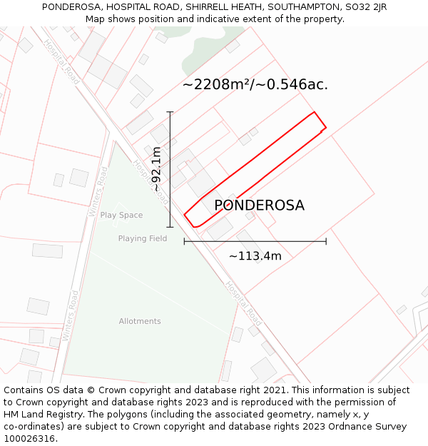 PONDEROSA, HOSPITAL ROAD, SHIRRELL HEATH, SOUTHAMPTON, SO32 2JR: Plot and title map