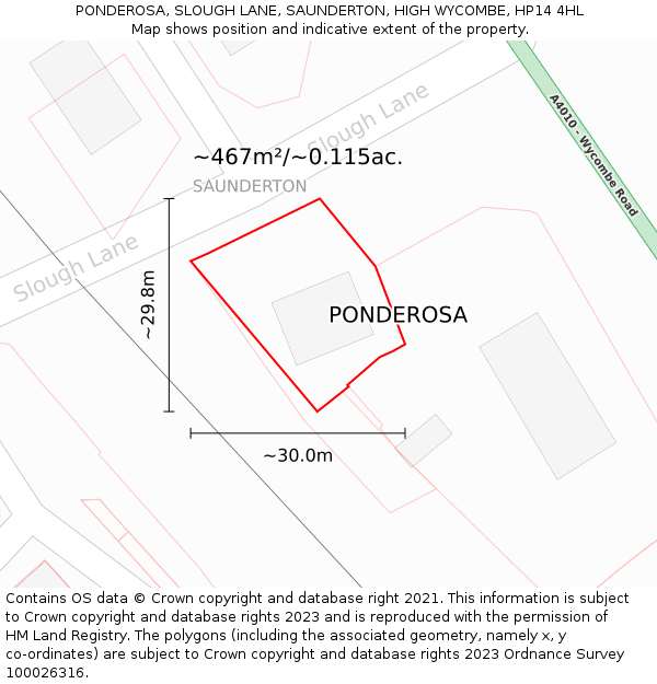 PONDEROSA, SLOUGH LANE, SAUNDERTON, HIGH WYCOMBE, HP14 4HL: Plot and title map