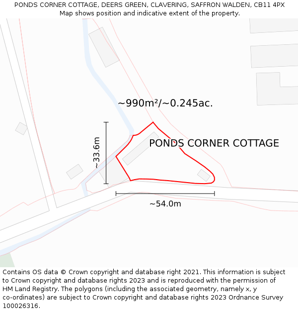 PONDS CORNER COTTAGE, DEERS GREEN, CLAVERING, SAFFRON WALDEN, CB11 4PX: Plot and title map
