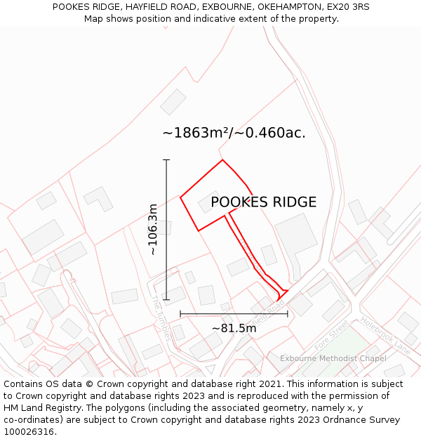 POOKES RIDGE, HAYFIELD ROAD, EXBOURNE, OKEHAMPTON, EX20 3RS: Plot and title map