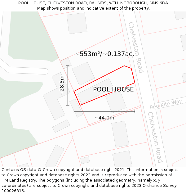 POOL HOUSE, CHELVESTON ROAD, RAUNDS, WELLINGBOROUGH, NN9 6DA: Plot and title map