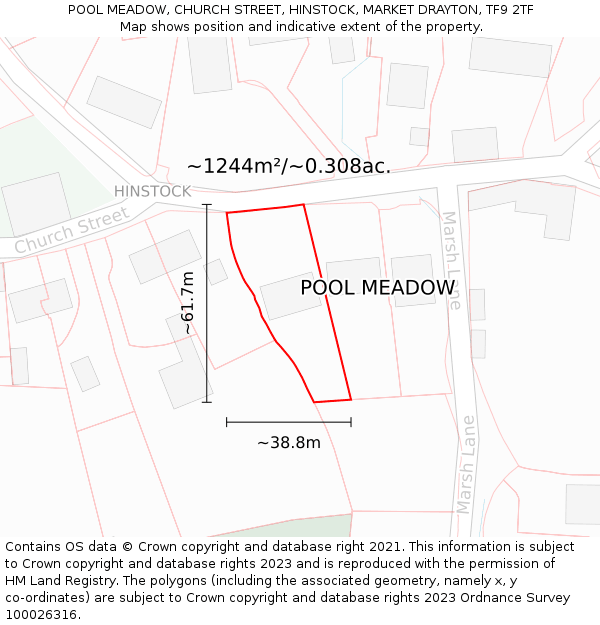 POOL MEADOW, CHURCH STREET, HINSTOCK, MARKET DRAYTON, TF9 2TF: Plot and title map