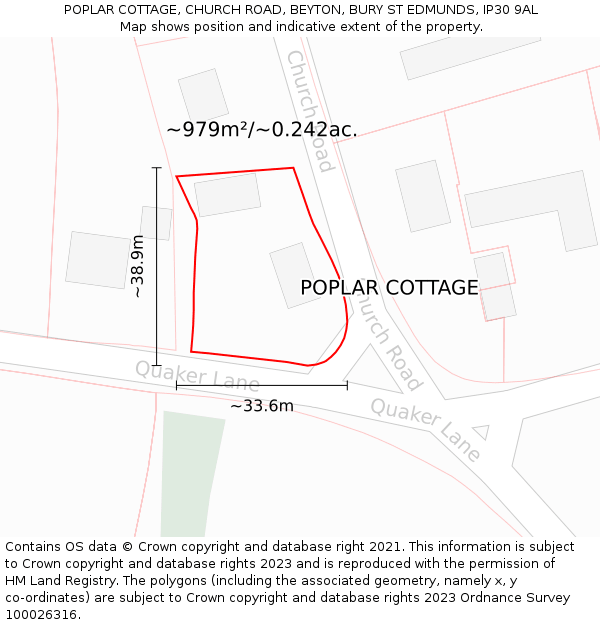 POPLAR COTTAGE, CHURCH ROAD, BEYTON, BURY ST EDMUNDS, IP30 9AL: Plot and title map