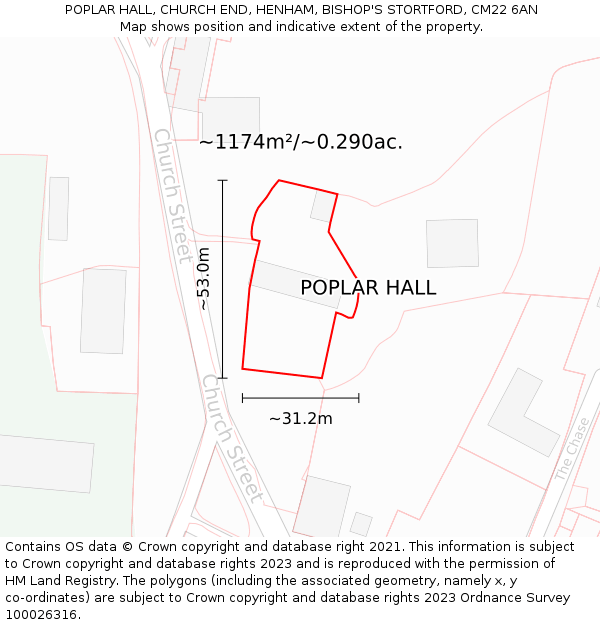 POPLAR HALL, CHURCH END, HENHAM, BISHOP'S STORTFORD, CM22 6AN: Plot and title map