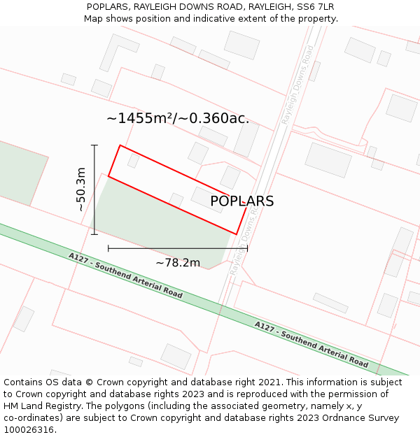POPLARS, RAYLEIGH DOWNS ROAD, RAYLEIGH, SS6 7LR: Plot and title map