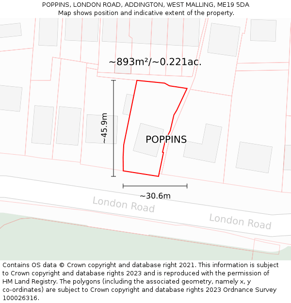 POPPINS, LONDON ROAD, ADDINGTON, WEST MALLING, ME19 5DA: Plot and title map