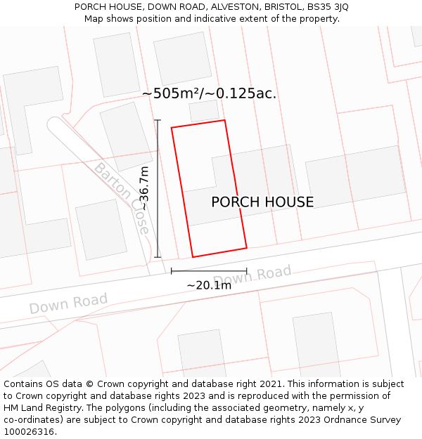 PORCH HOUSE, DOWN ROAD, ALVESTON, BRISTOL, BS35 3JQ: Plot and title map