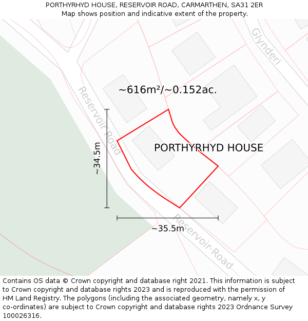 PORTHYRHYD HOUSE, RESERVOIR ROAD, CARMARTHEN, SA31 2ER: Plot and title map