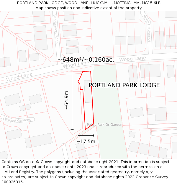 PORTLAND PARK LODGE, WOOD LANE, HUCKNALL, NOTTINGHAM, NG15 6LR: Plot and title map