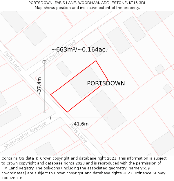 PORTSDOWN, FARIS LANE, WOODHAM, ADDLESTONE, KT15 3DL: Plot and title map