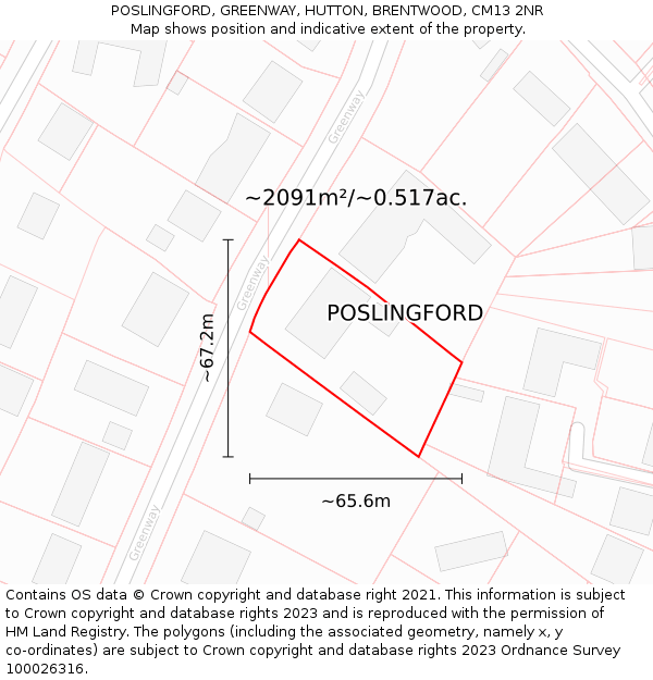 POSLINGFORD, GREENWAY, HUTTON, BRENTWOOD, CM13 2NR: Plot and title map